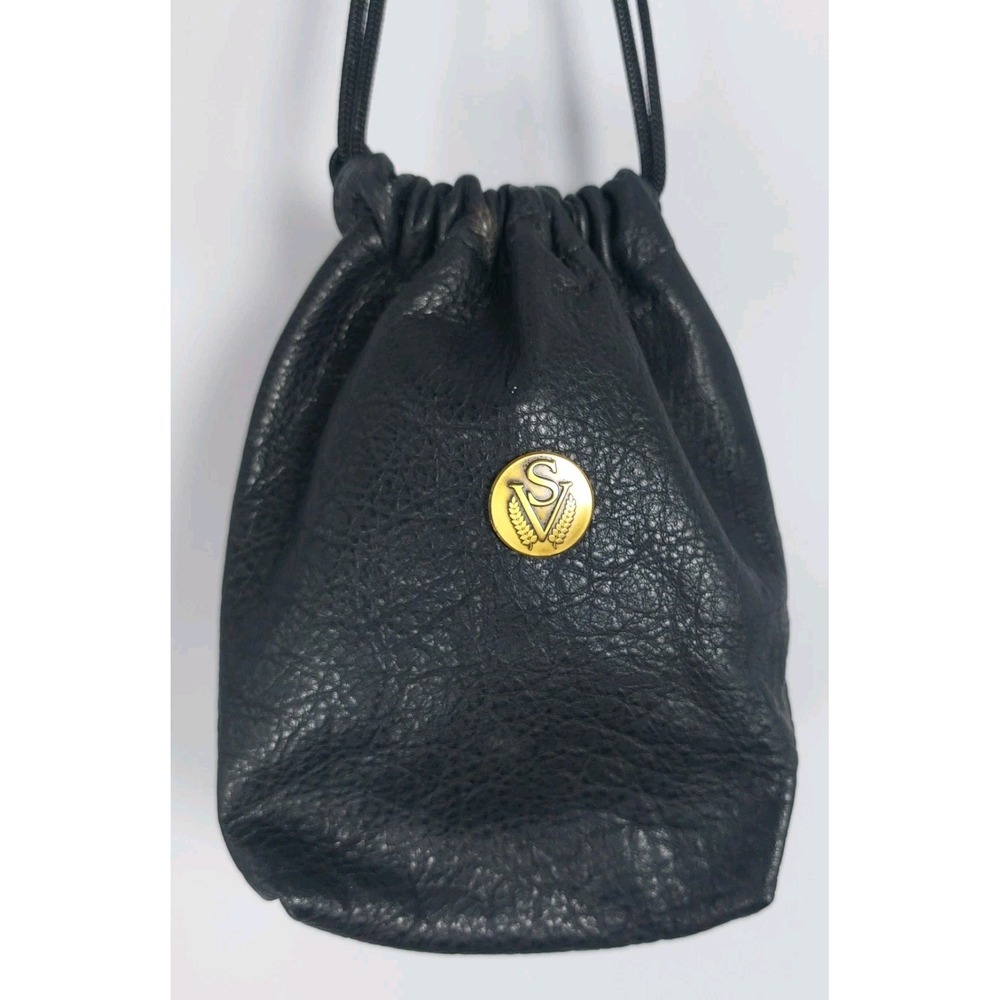 SV Leather Coin Pouch Case Black Drawstring String Bag Purse‎ 2 Sections 5.5"x6"
